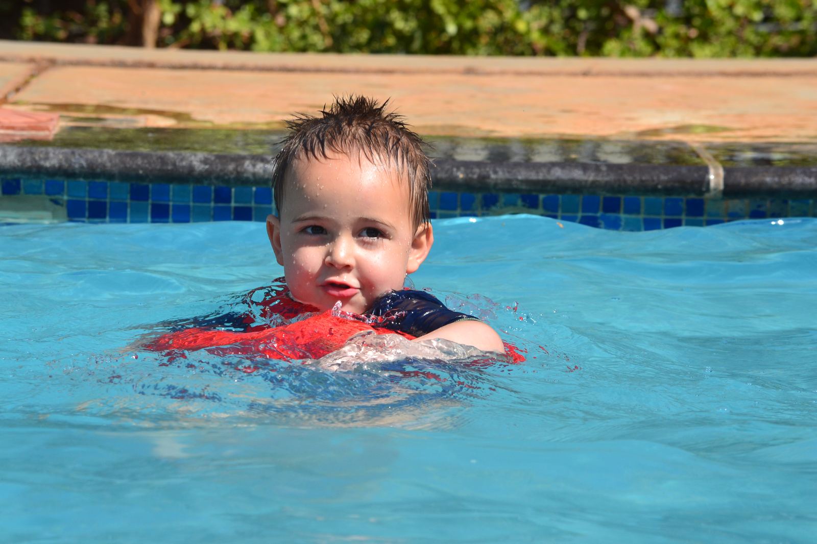 Toddler boy swimming confidently in the pool
